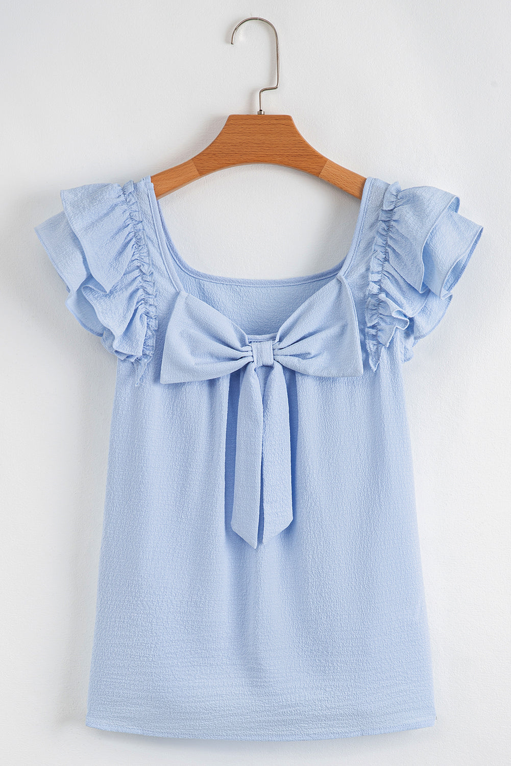 Gossamer Pink Textured Bow Frilled Ruffle Sleeve Blouse