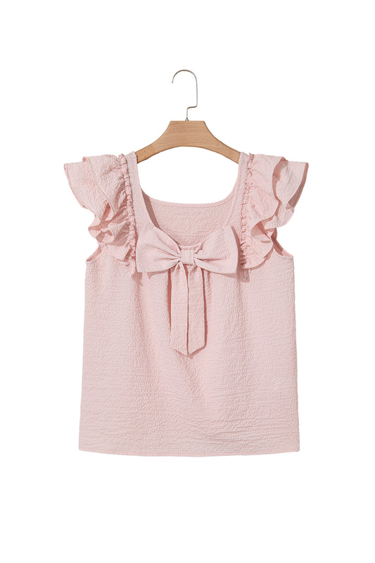Gossamer Pink Textured Bow Frilled Ruffle Sleeve Blouse
