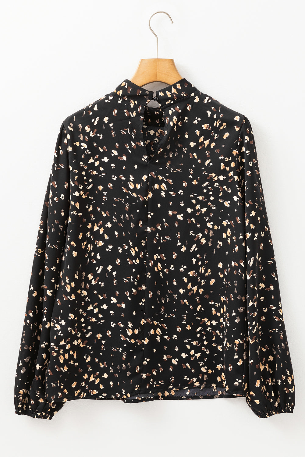 White Leopard Print Puff Sleeve Mock Neck Pleated Blouse