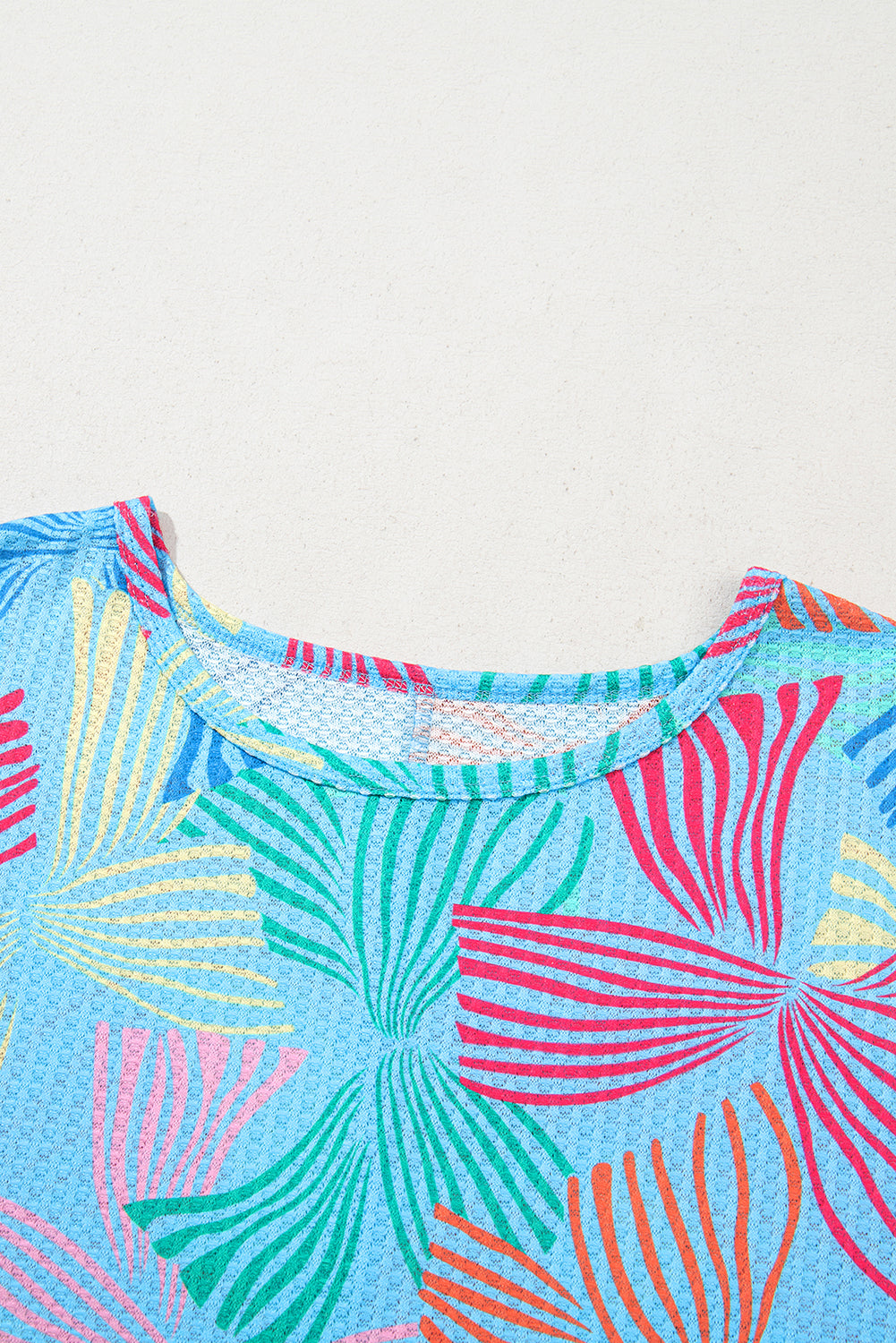 Sky Blue Bowknot Print Waffle Loose Tee