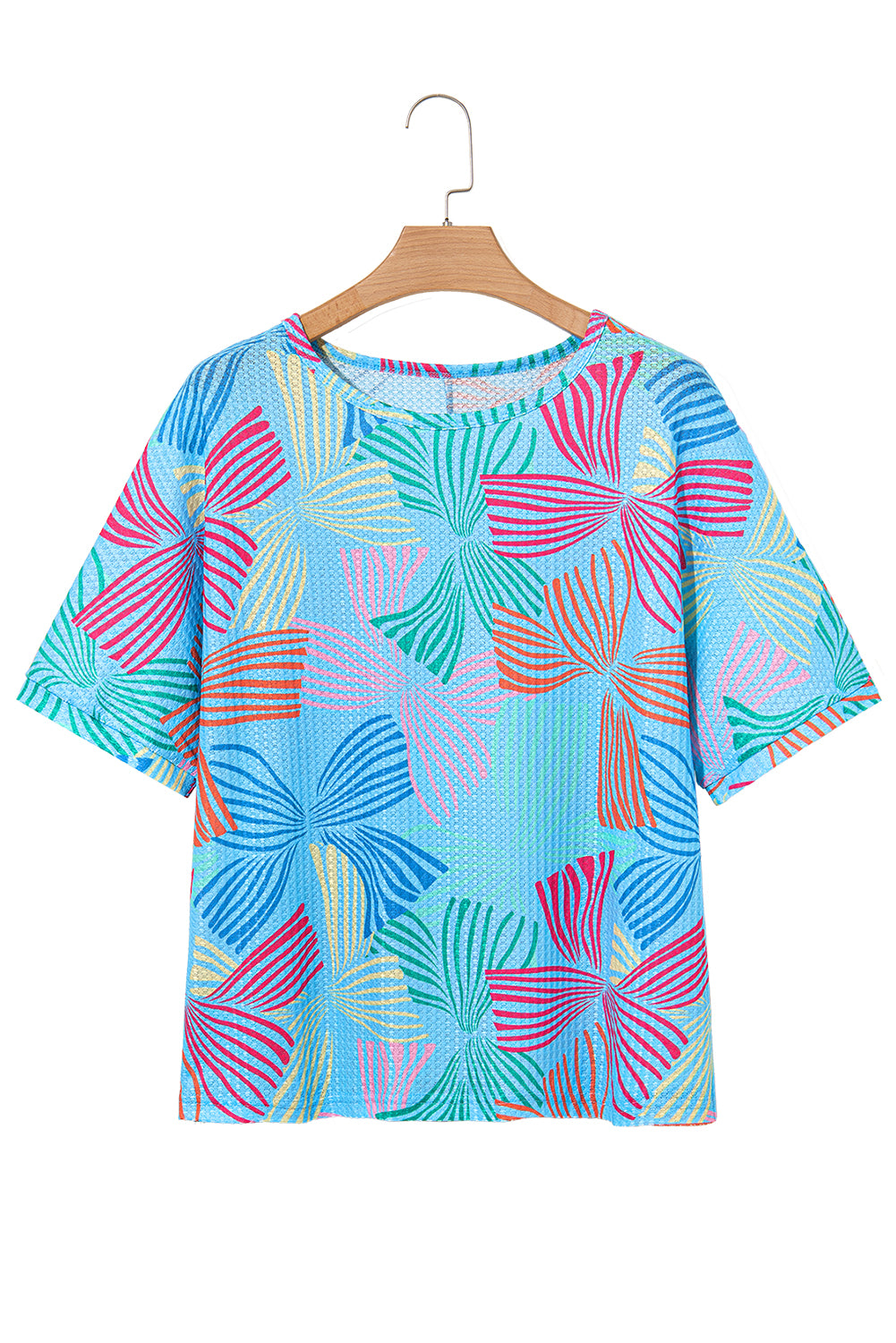 Sky Blue Bowknot Print Waffle Loose Tee