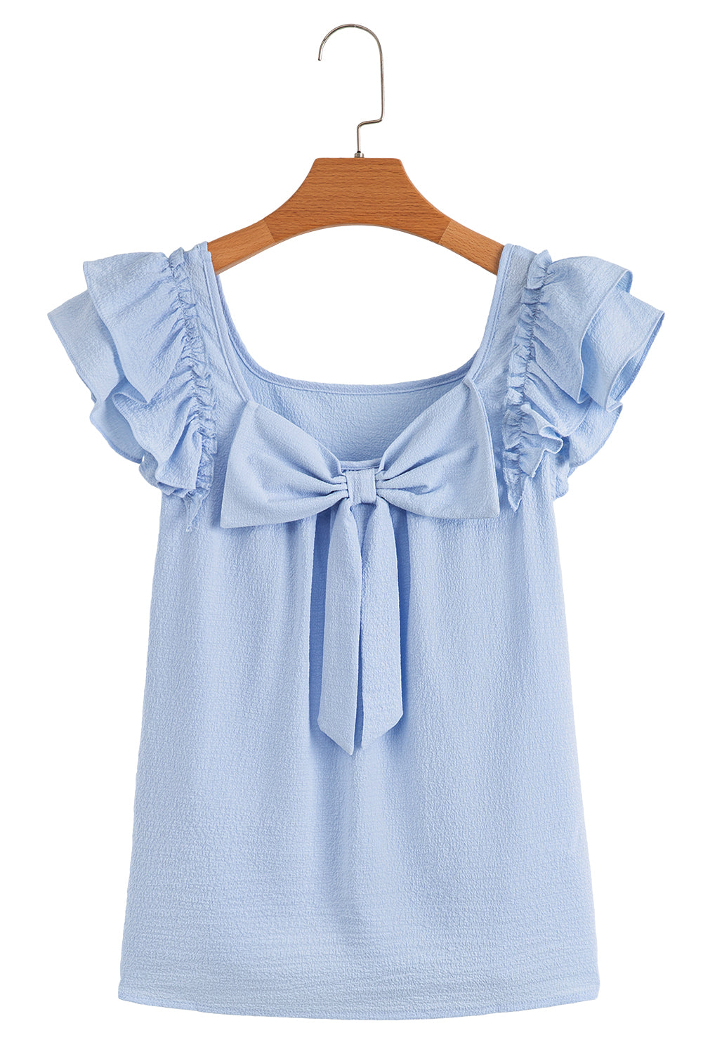 Gossamer Pink Textured Bow Frilled Ruffle Sleeve Blouse