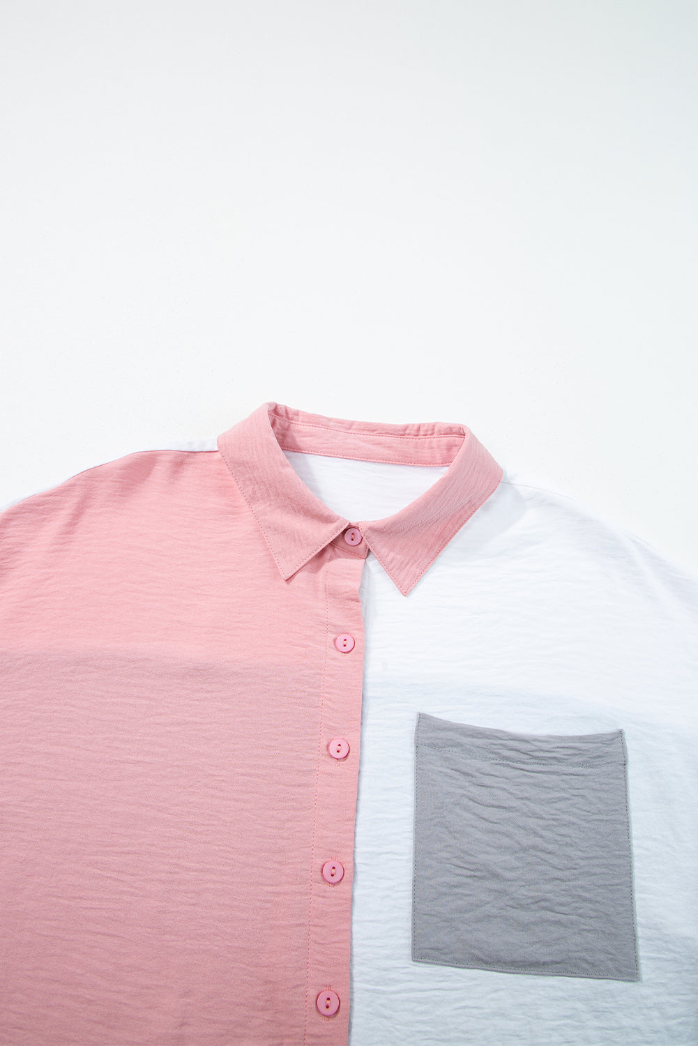 Gray Crinkle Colorblock Patchwork Pocket Half Sleeve Shirt