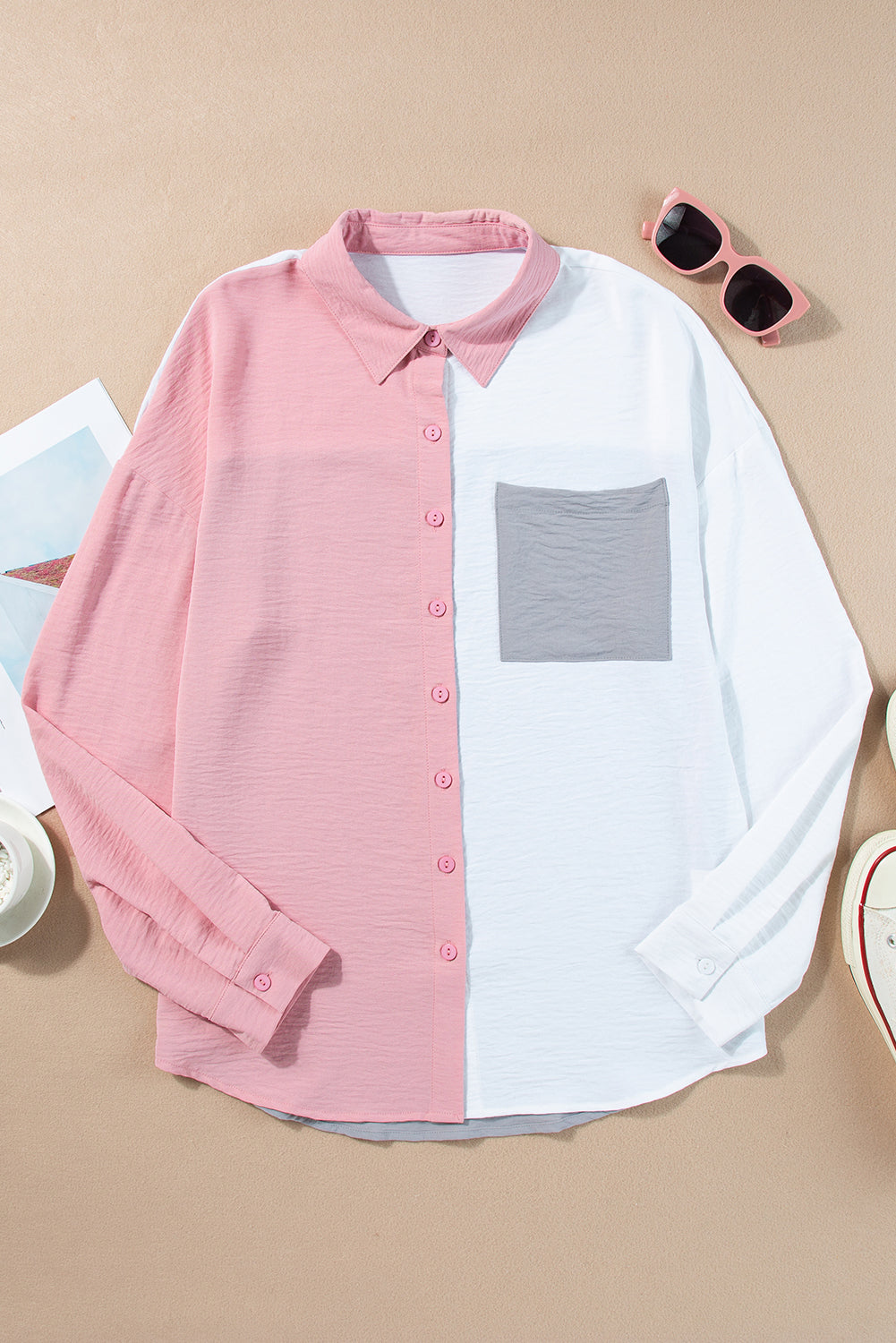 Gray Crinkle Colorblock Patchwork Pocket Half Sleeve Shirt