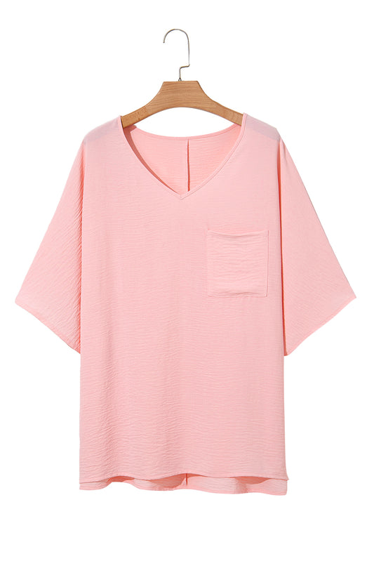 Pink Solid Color V Neck Textured Plus Size Blouse