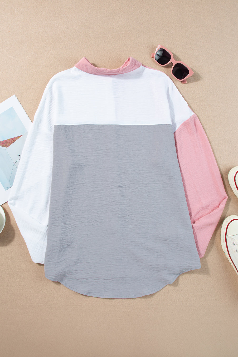 Gray Crinkle Colorblock Patchwork Pocket Half Sleeve Shirt
