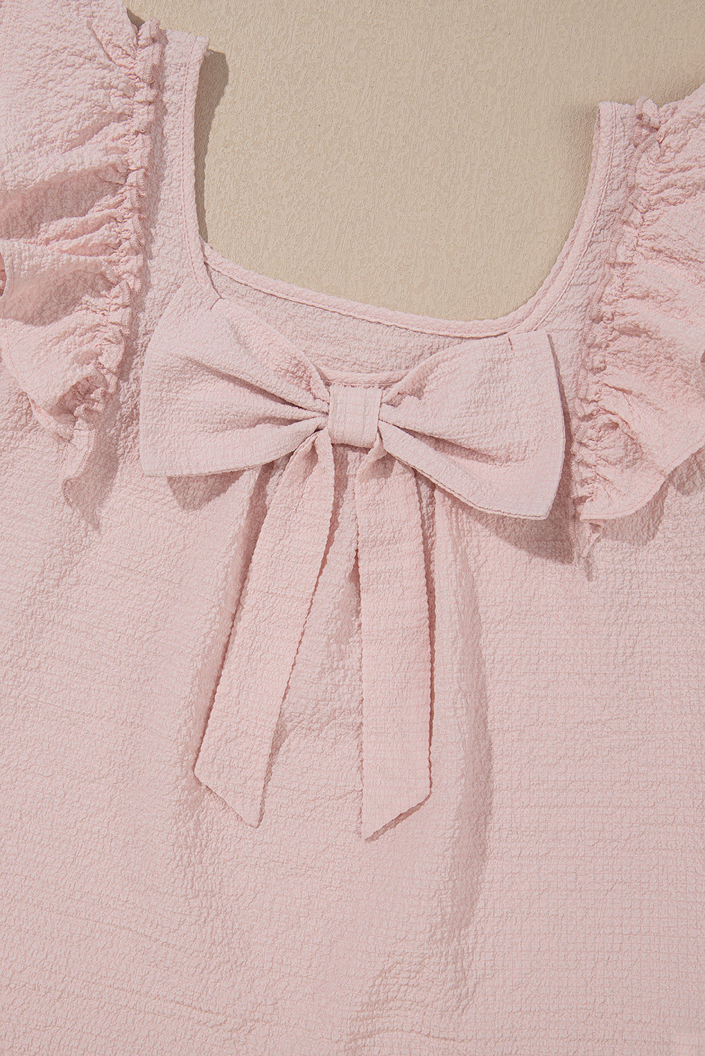 Gossamer Pink Textured Bow Frilled Ruffle Sleeve Blouse