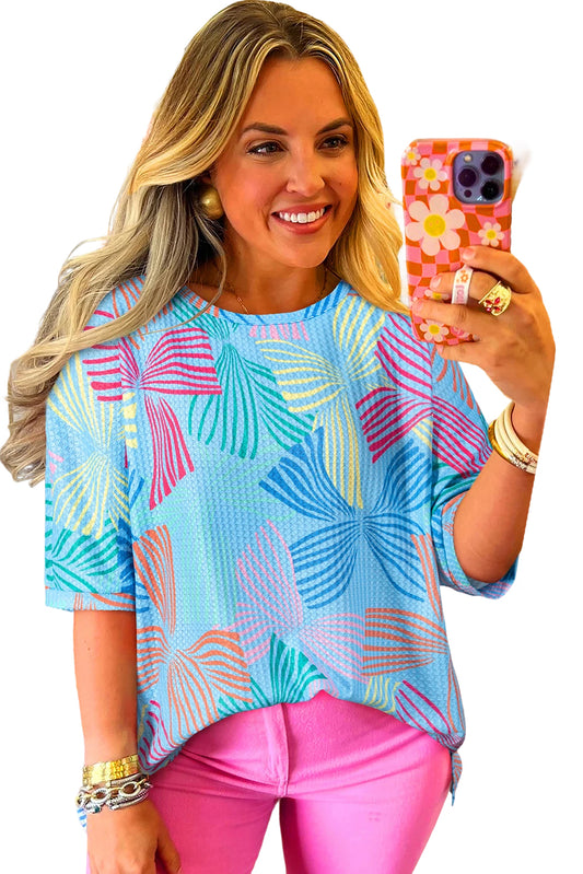 Sky Blue Bowknot Print Waffle Loose Tee