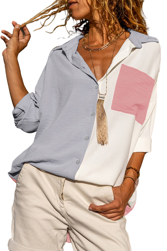 Gray Crinkle Colorblock Patchwork Pocket Half Sleeve Shirt