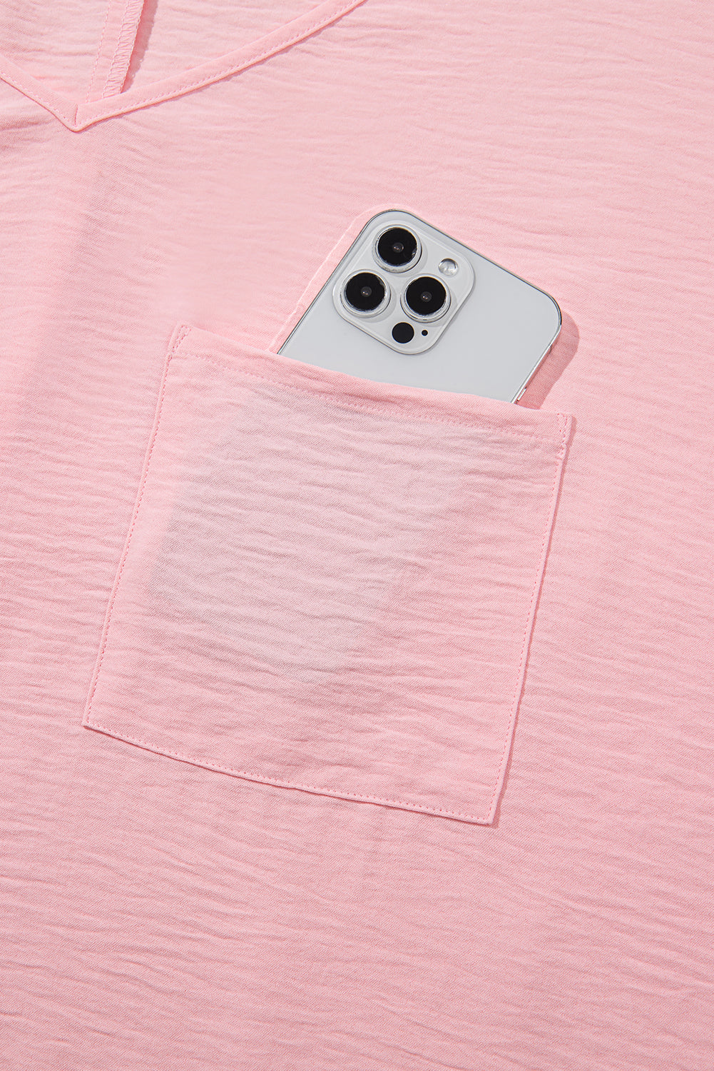 Pink Solid Color V Neck Textured Plus Size Blouse