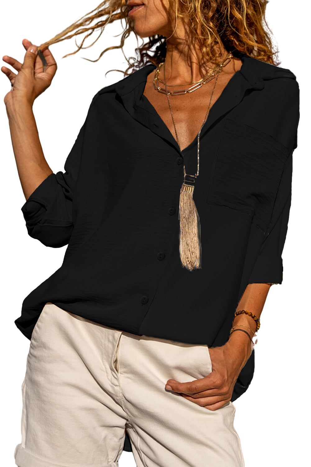 Gray Crinkle Colorblock Patchwork Pocket Half Sleeve Shirt
