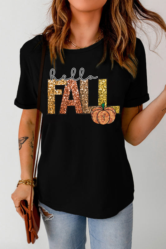 Black Hello Fall Letter Pumpkin Heat Transfer Printing T Shirt