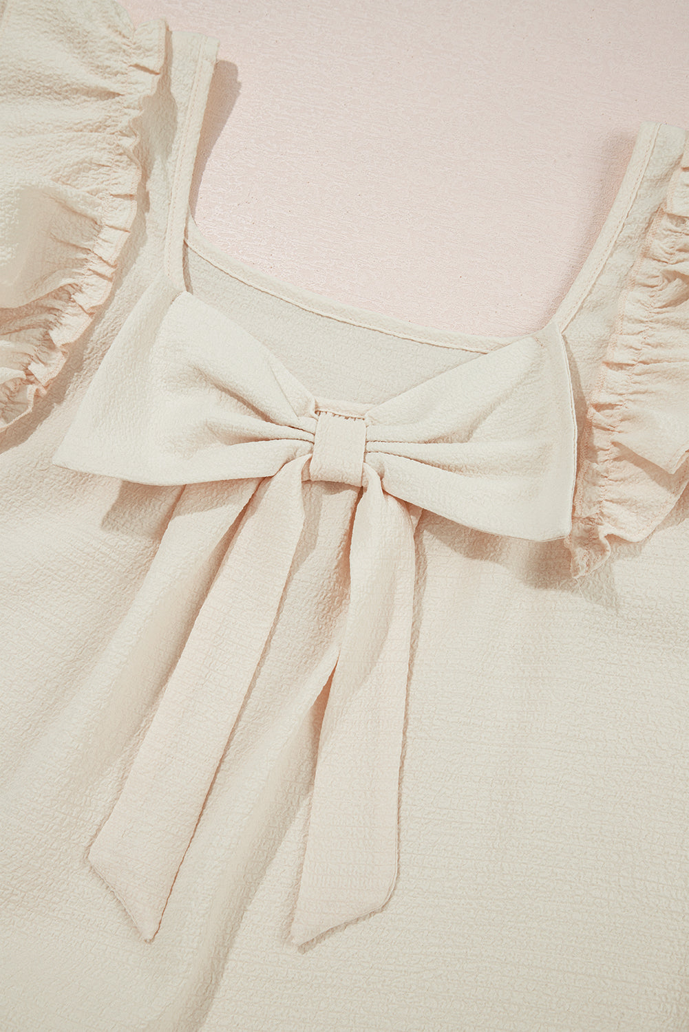 Gossamer Pink Textured Bow Frilled Ruffle Sleeve Blouse
