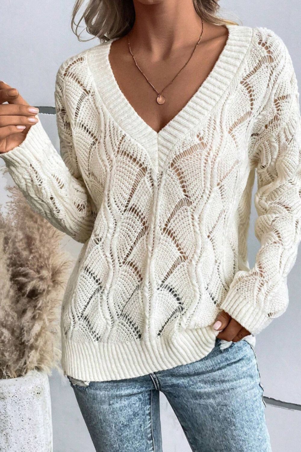 Openwork V-Neck Long Sleeve Sweater