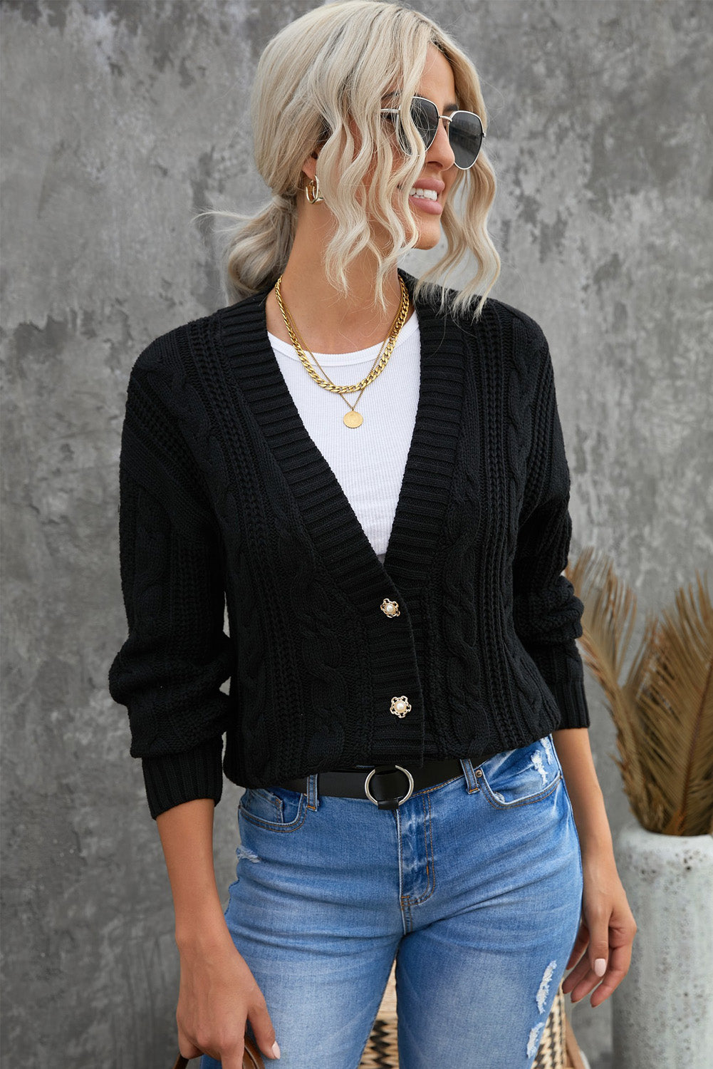 Cable-Knit Button Up Dropped Shoulder Cardigan