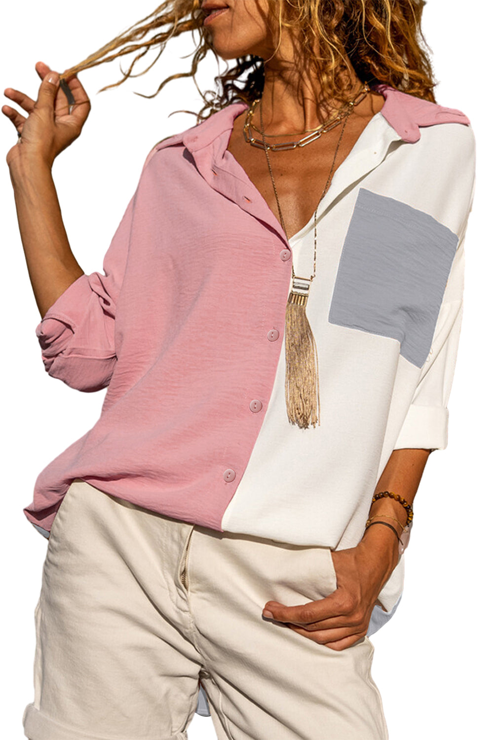 Gray Crinkle Colorblock Patchwork Pocket Half Sleeve Shirt