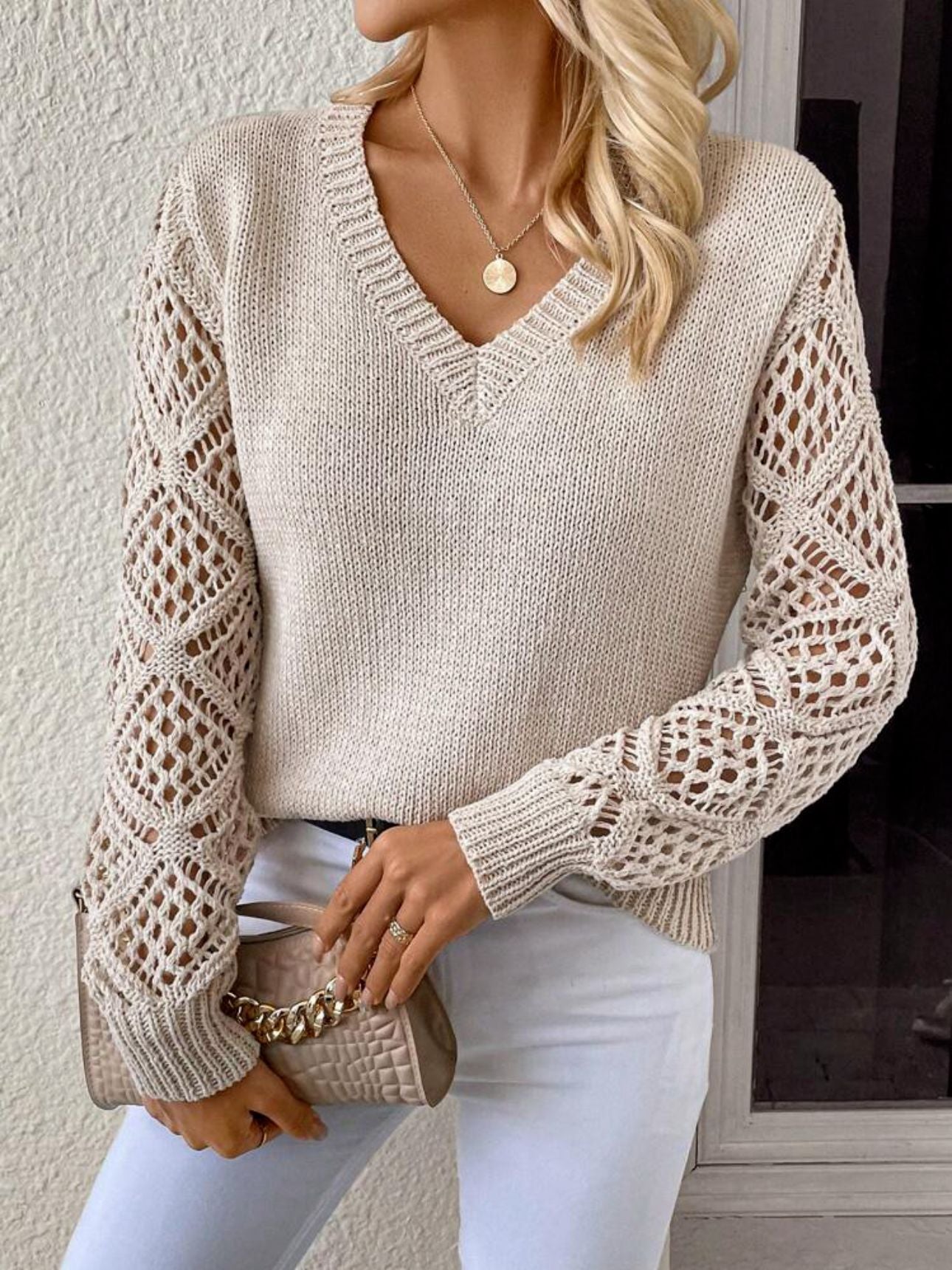 Openwork V-Neck Long Sleeve Sweater