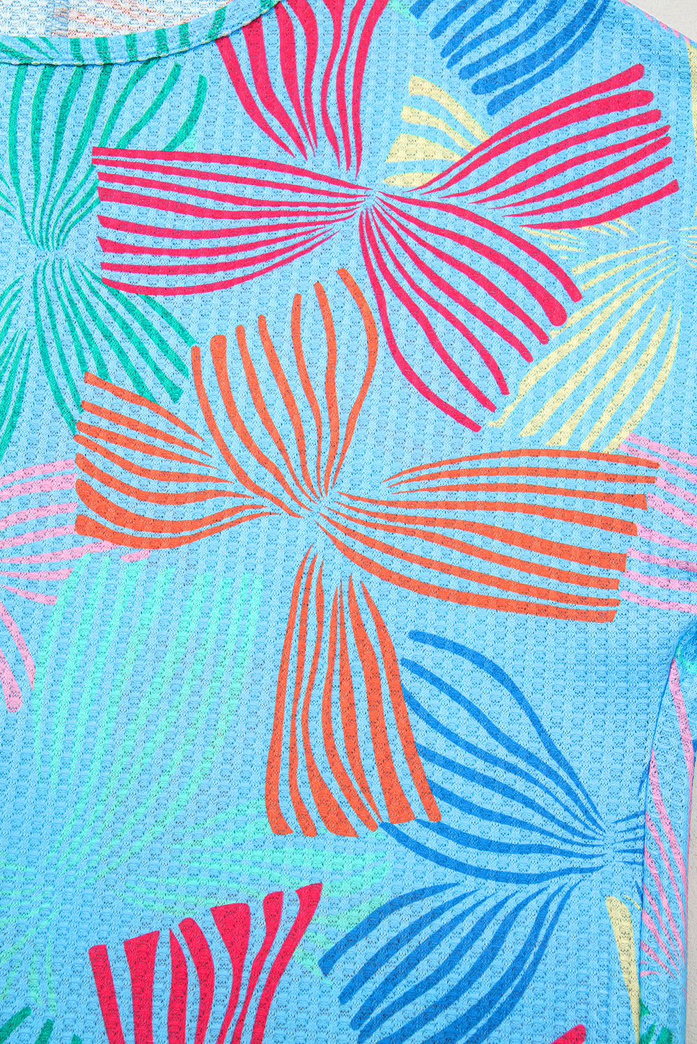 Sky Blue Bowknot Print Waffle Loose Tee