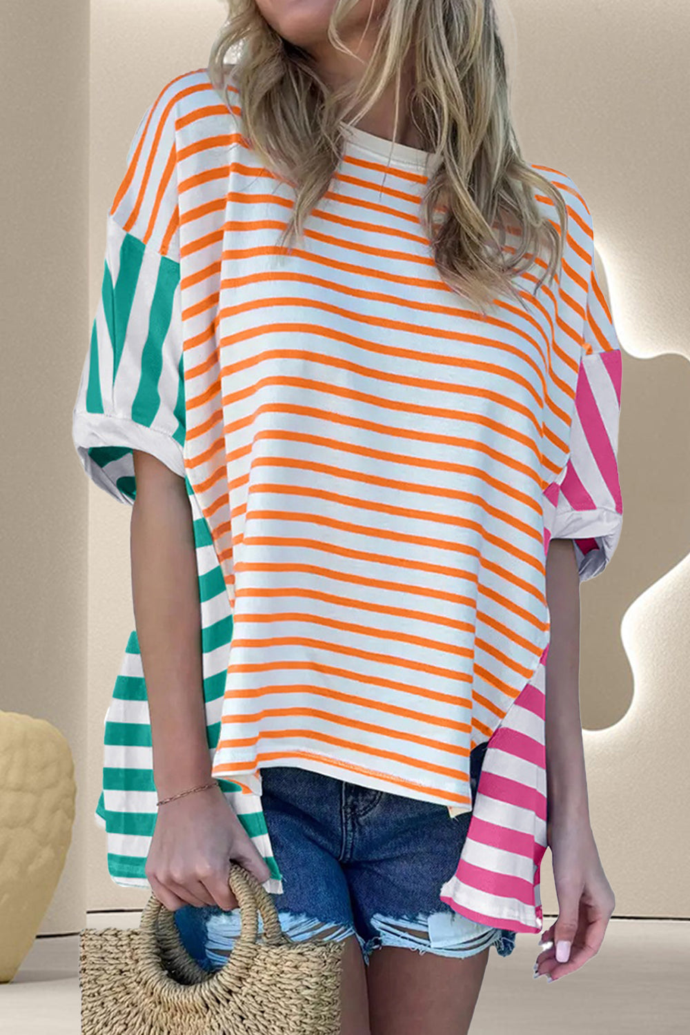 Contrast Striped Round Neck Half Sleeve T-Shirt