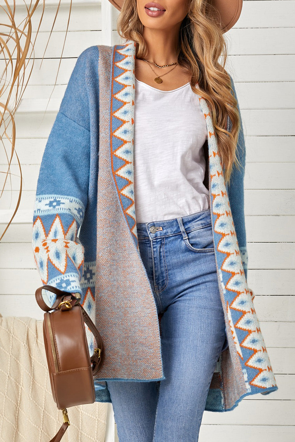 Geometric Open Front Long Sleeve Cardigan