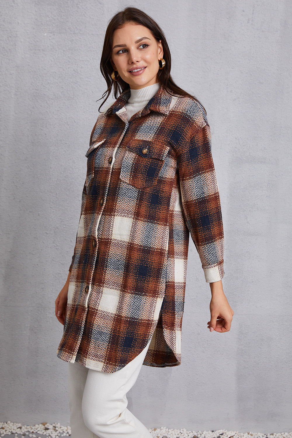 Plaid Button Up Dropped Shoulder Coat with Pockets