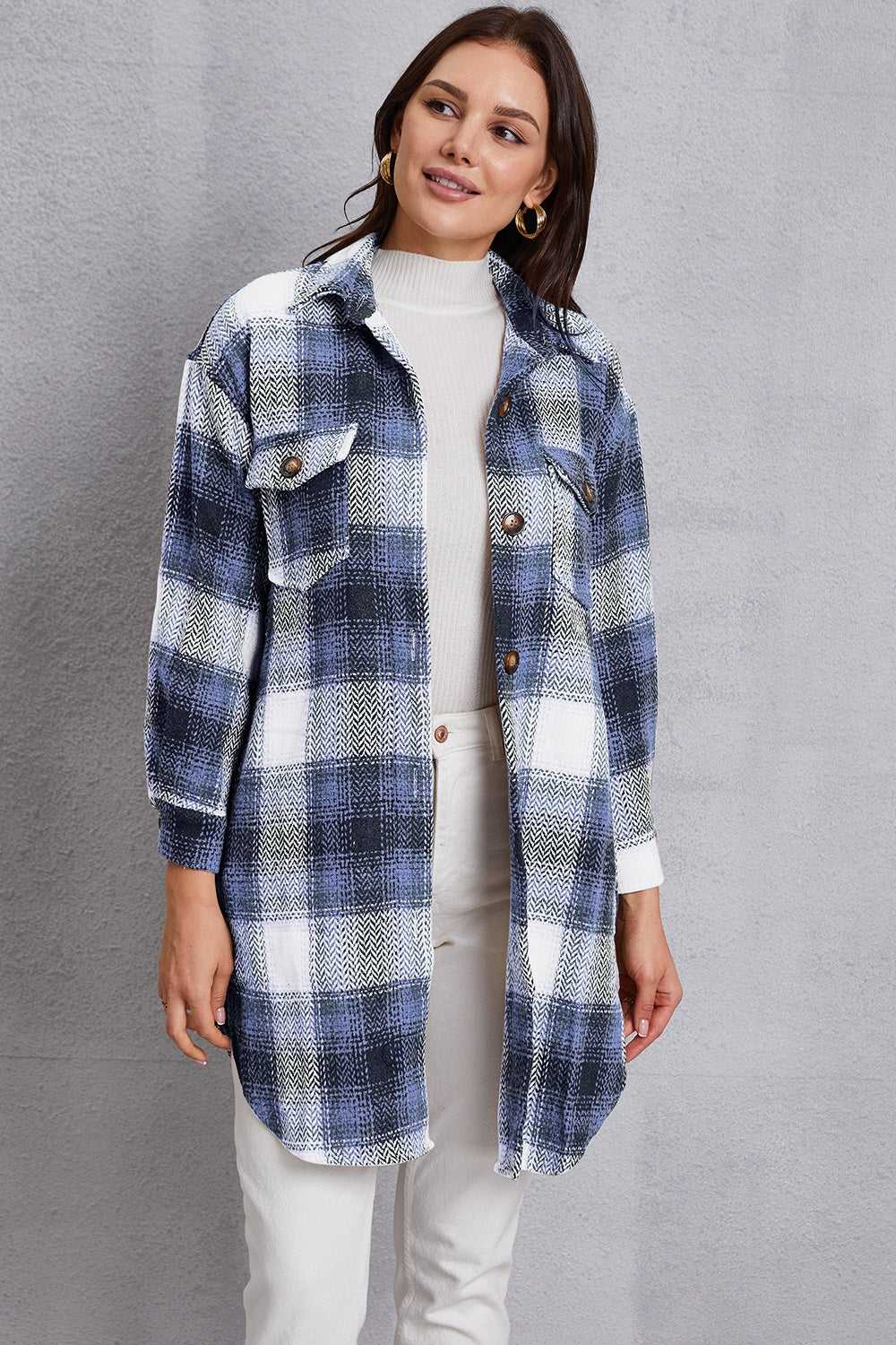 Plaid Button Up Dropped Shoulder Coat with Pockets