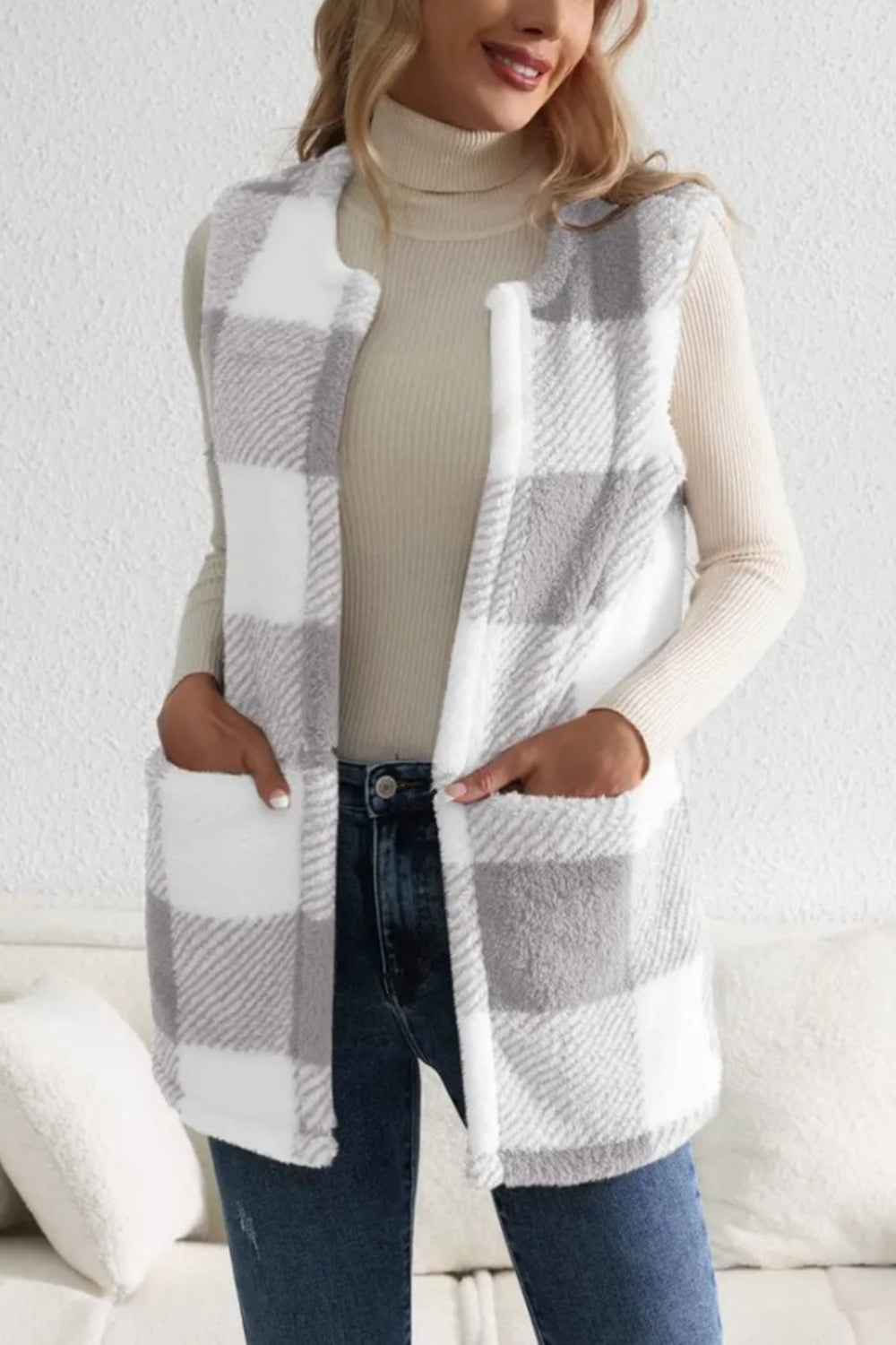 Sherpa Plaid Open Front Vest Coat