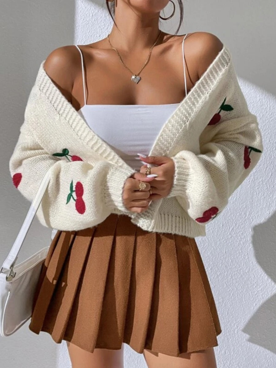 Cherry Graphic Open Front Dropped Shoulder Cardigan