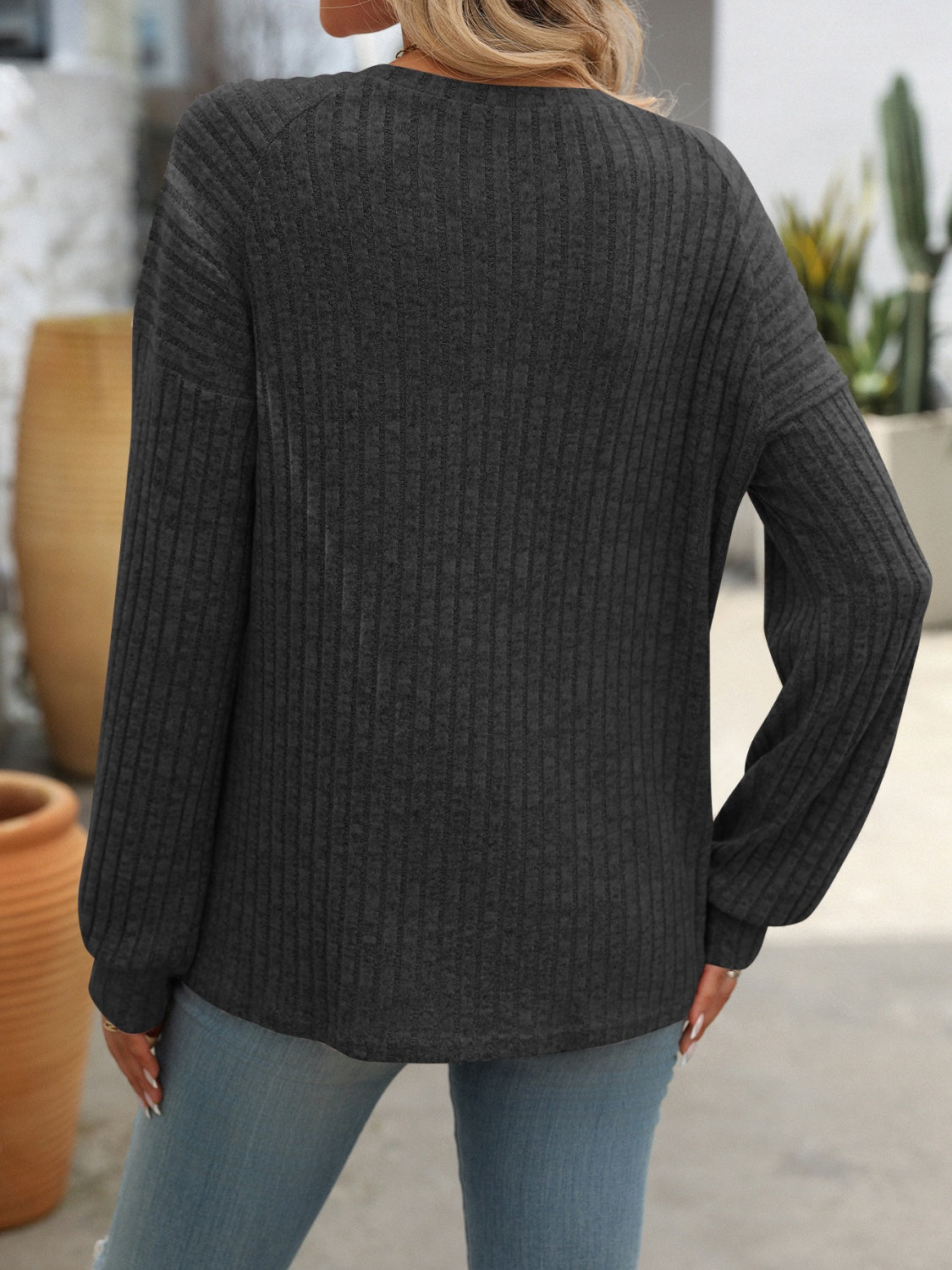 Decor Button Long Sleeve Ribbed T-Shirt