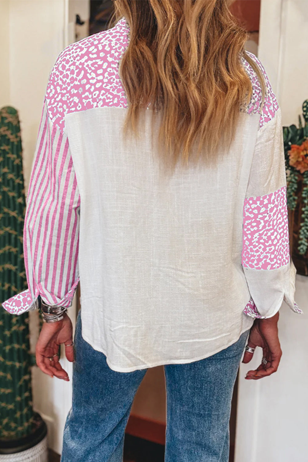 Khaki Leopard Striped Patchwork Button-up Shirt Shacket