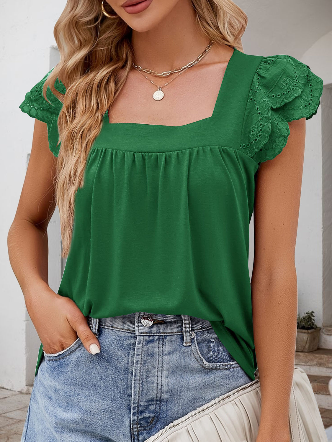 Ruffled Square Neck Cap Sleeve Blouse