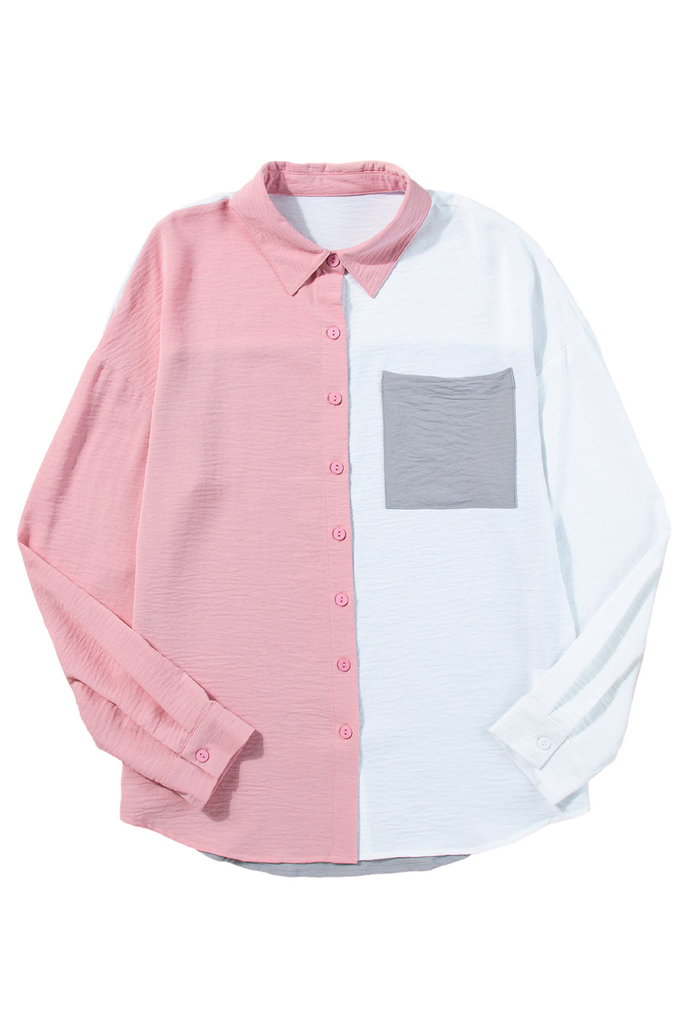 Gray Crinkle Colorblock Patchwork Pocket Half Sleeve Shirt