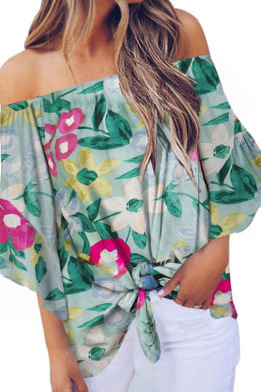 Tied Printed Off-Shoulder Half Sleeve Blouse