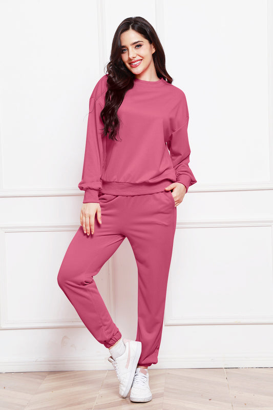 Round Neck Long Sleeve Sweatshirt and Pants Set