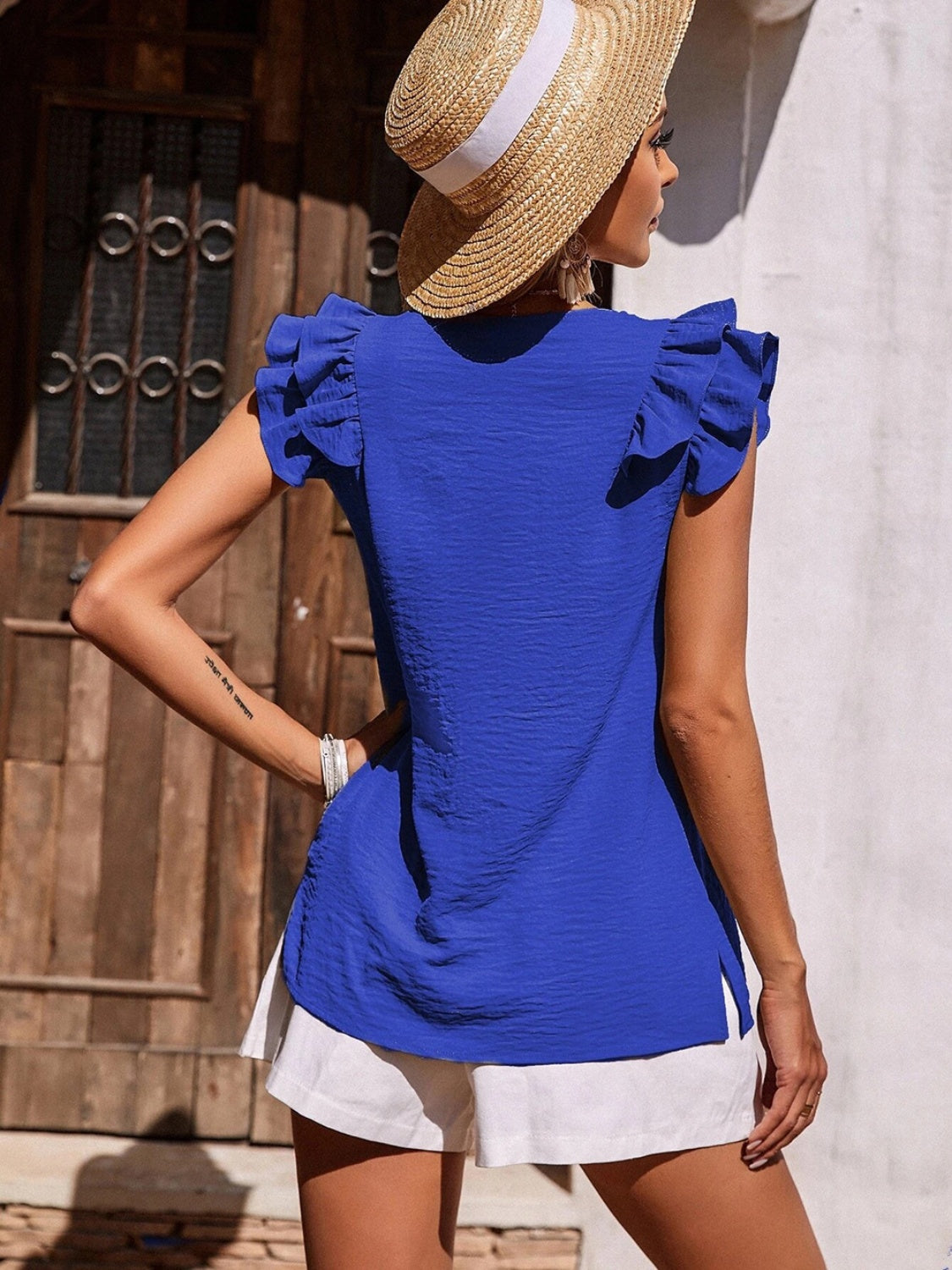 Ruffled V-Neck Cap Sleeve Blouse