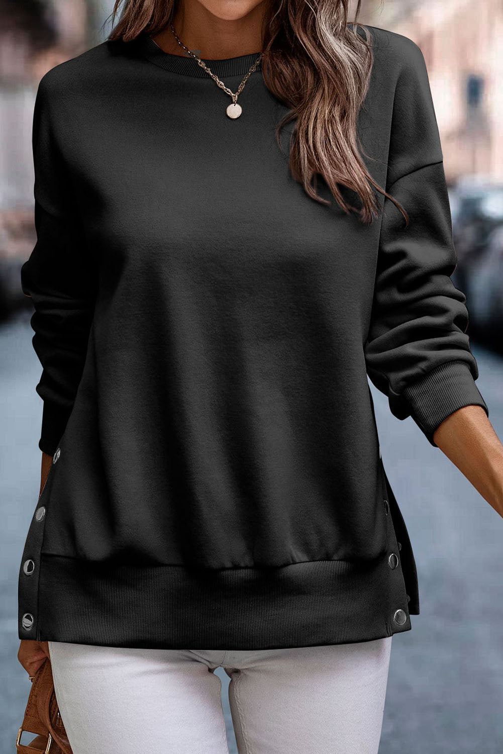 Snap Detail Round Neck Dropped Shoulder Sweatshirt